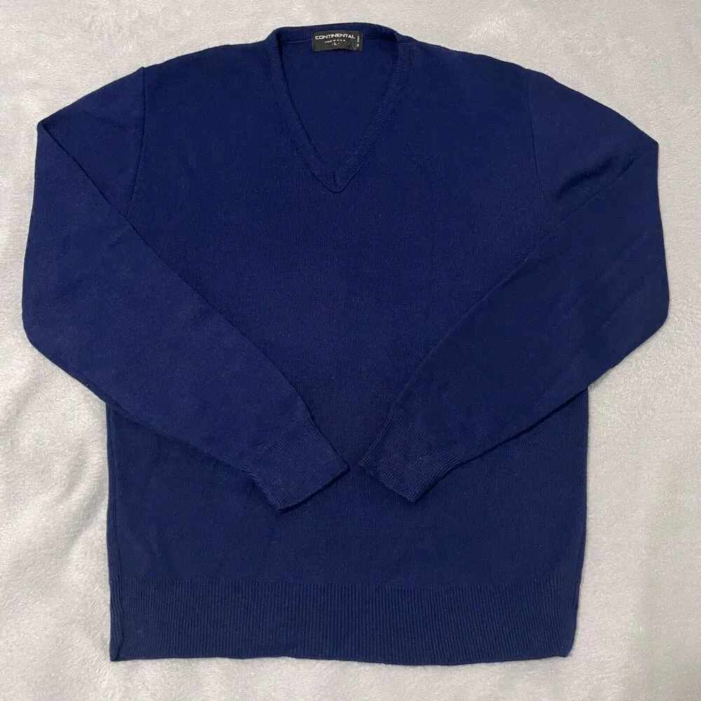 VTG Continental Sweater Mens Large Navy Blue V-Neck Pullover Preppy Made In USA